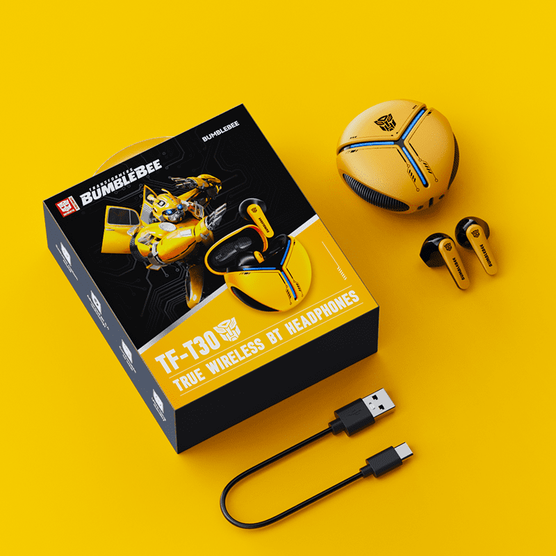 Transformers TF-T30 Bluetooth TWS Wireless Earbuds with Energy Core Design Passive Noise Cancelling Semi-In-Ear Cool HiFi HD Calling Music Game Modes Low Latency Sports Earphones – Yellow Bumblebee