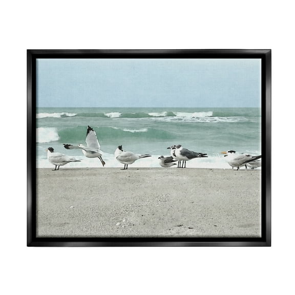 Stupell Industries Birds Gathering On Shore Rolling Ocean Waves Coastal Painting Black Floater Framed Art Print Wall Art