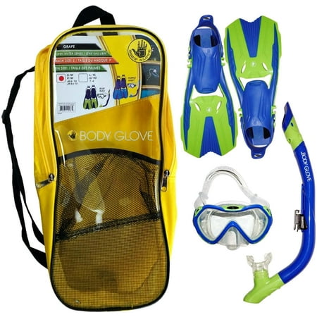 Body Glove Grape Mask Fins and Snorkel Set for Snorkeling, Diving, and Swimming-Tempered Glass-Silicone-Flex Tube-Snorkel Dry top-Splash Guard-Travel Bag