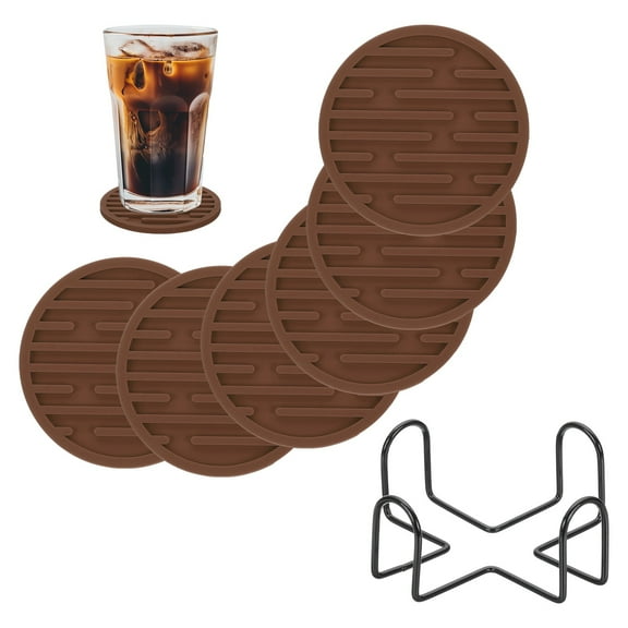 Uxcell Set of 6 Round Drink Coasters with Holder, 4" Silicone Coaster for Drinks Non-Slip Cup Coaster Heat Resistant Glass Cushion for Bar Kitchen Office Decor, Brown(Stripes)