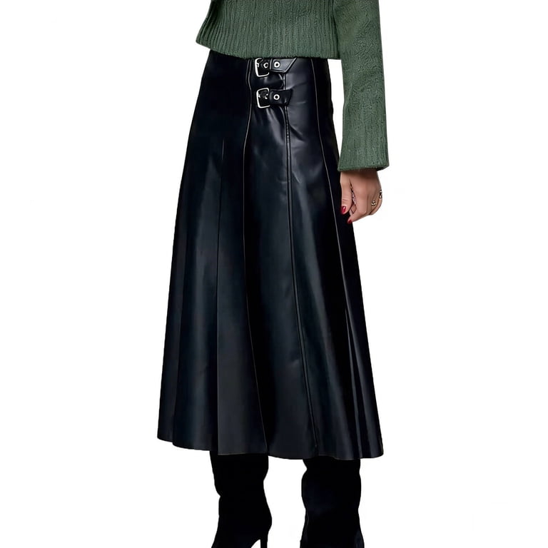 winter going out dress Gamivast Womens Dresses Elegant Faux Leather Pleated Midi Skirt High Waisted Buckled A Line Flattering Party Dress have piece for the length:Maxi Dresses Belle (FTL caretaker outfit) Color:Matcha