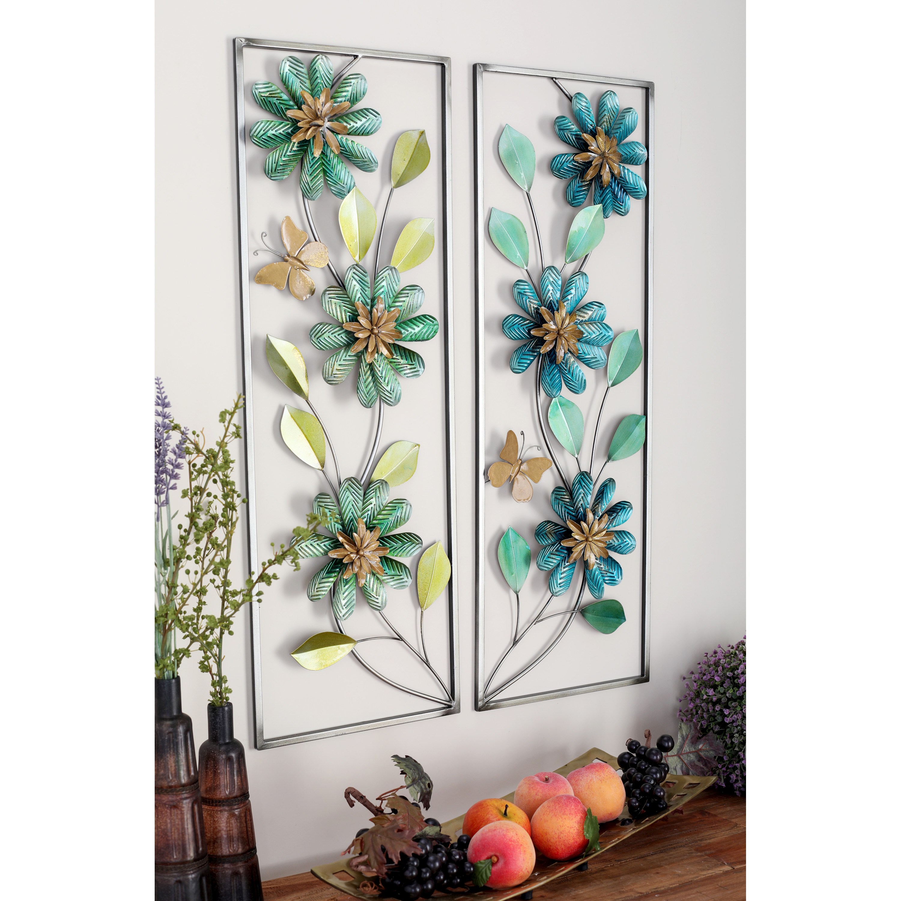 DecMode Green Metal Floral Wall Decor with Gold Frame (2 Count