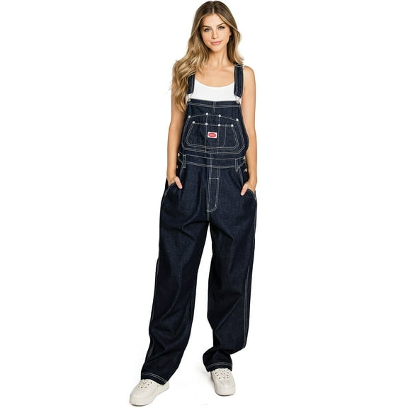 Revolt Women's Juniors Baggy Straight Leg Twill Overalls (14, Dark Denim)