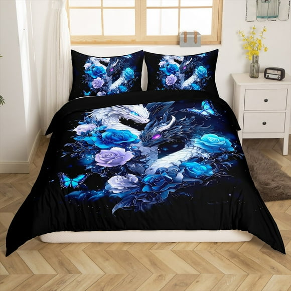 Erosebridal White Black Dragon Comforter Cover King, Romantic Rose Floral Bedding King Size, Butterfly Decor , Reversible(No Comforter)