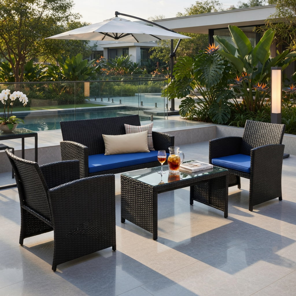 Hommoo 4-Piece PE Rattan Patio Furniture Set with Weatherproof Cushions, Tempered Glass Coffee Table & Heavy-Duty Steel Frame, Navy