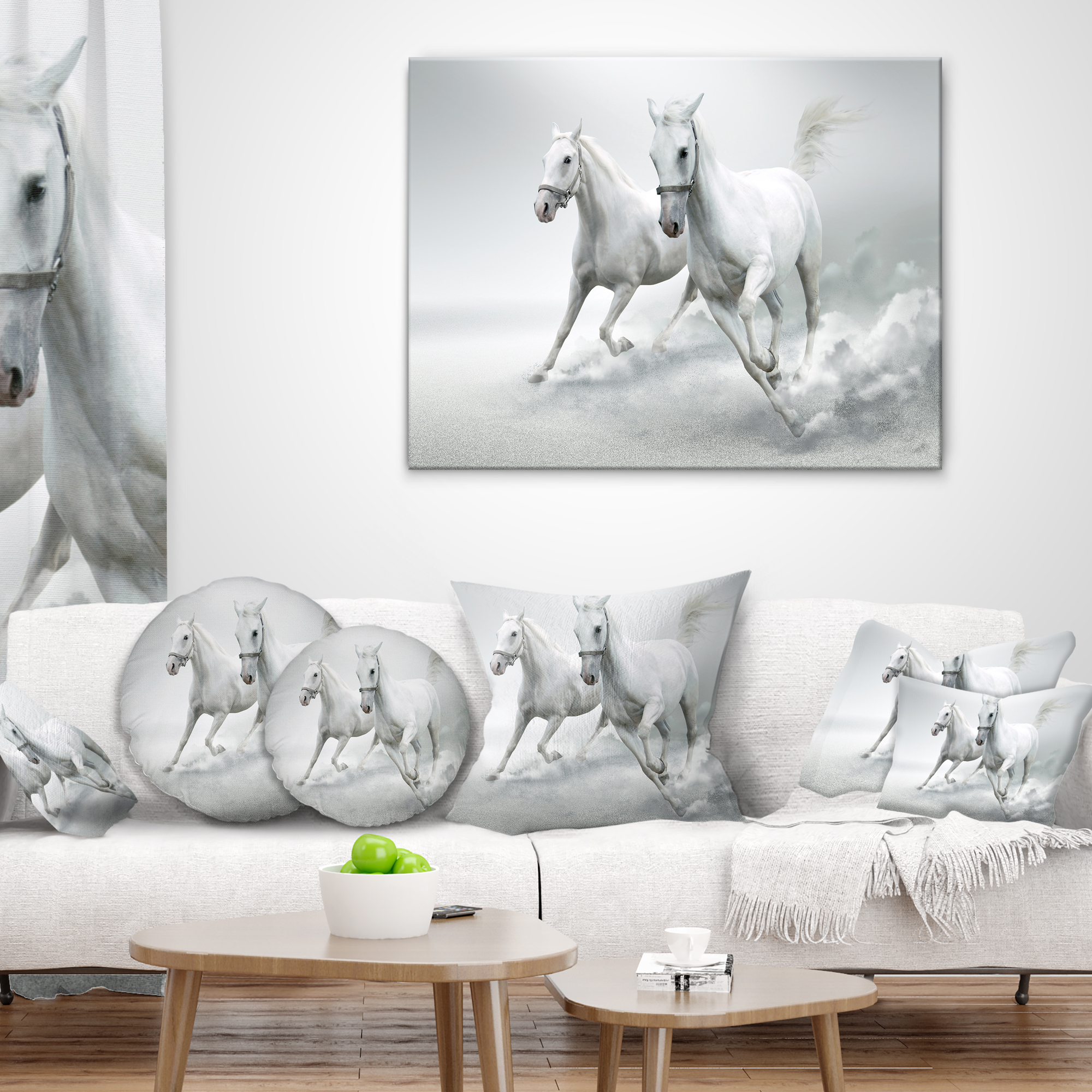 Designart Running White Horses - Animal Throw Pillow - 12x20