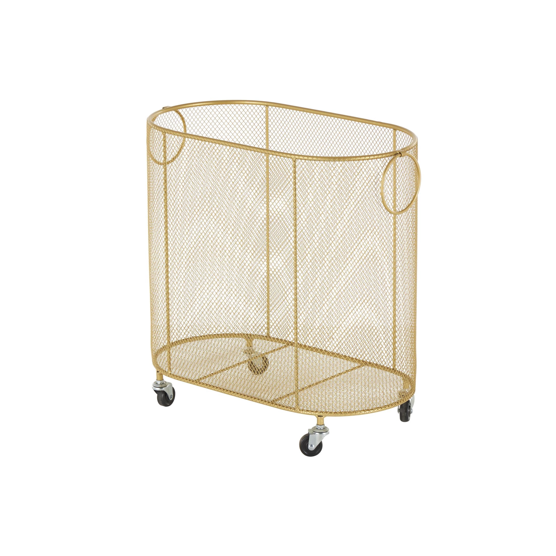 DecMode Gold Metal Oval Mesh Wire Rolling Laundry Storage Cart with Ring Handles