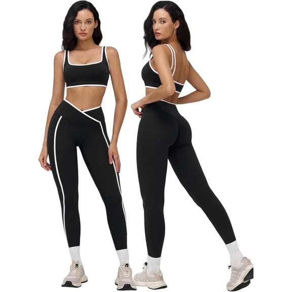 PISONIC Womens Two Piece Workout Set Spaghetti Straps Color Block Sports Bra Matching High Waist Leggings Gym Work Out Outfits
