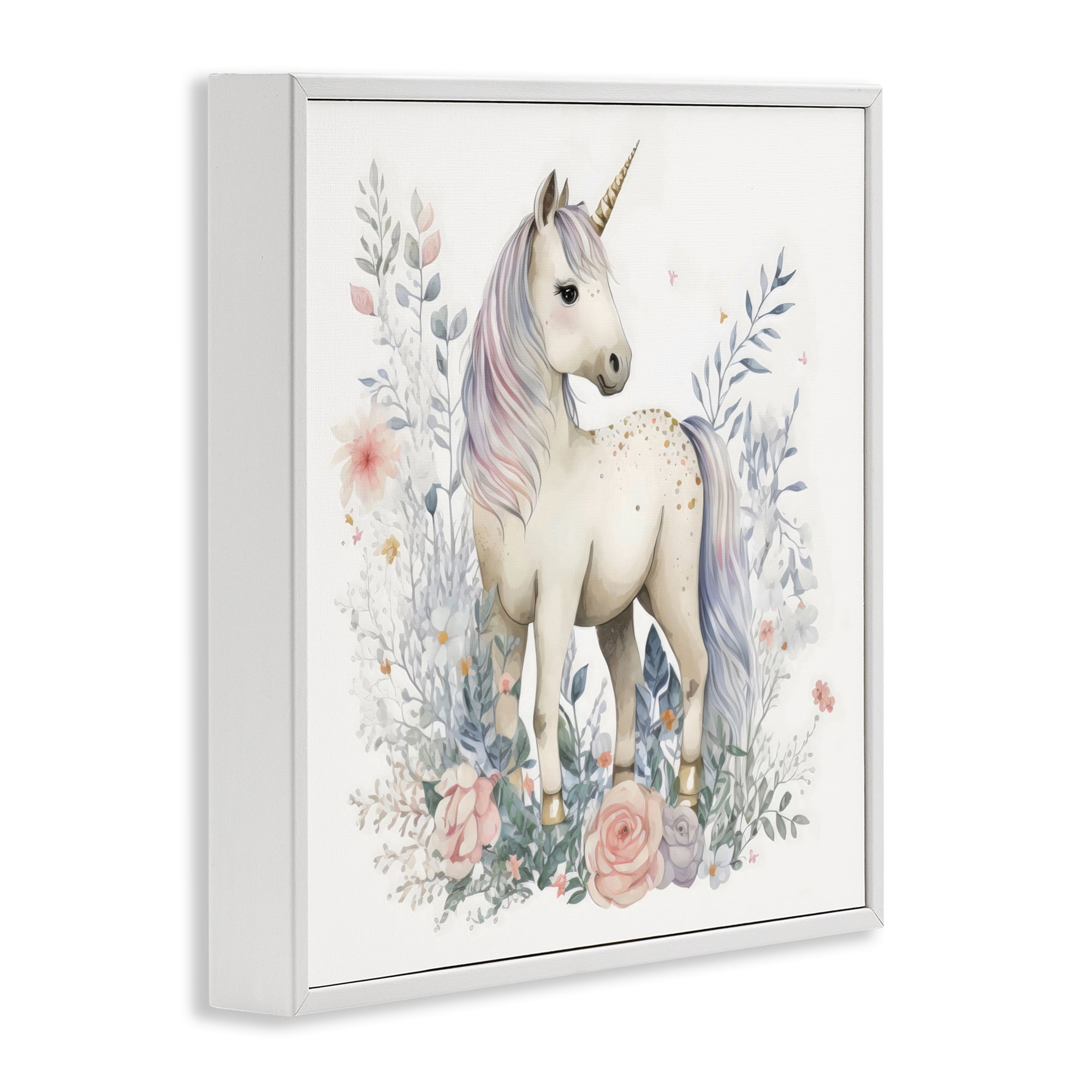 Stupell Industries Unicorn in Delicate Floral Forest White Framed Giclee Art, design by Creative Studio