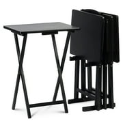 Table de plateau TV pliante en bois PJ et table de collation avec support de rangement, noir - ensemble de 5 pièces