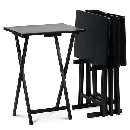 PJ Wood Folding TV Tray Tables with Storage Rack, Black, 5 Piece Set