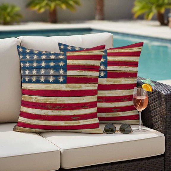 American Flag Vintage Outdoor Pillow Covers 16x16 Inch Throw Pillow Covers Set of 2 Waterproof Decorative Pillow Cases Brown Red Stripes US Flag Cushion Covers for Patio Furniture Garden Couch Sofa