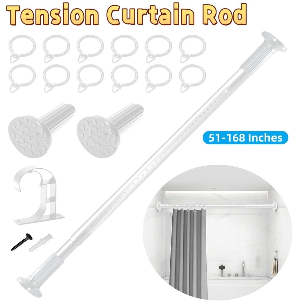 SPOKKI Tension Curtain Rod, 51-168 Inches Adjustable Closet Tension Rod Rust-free No Drilling Shower Curtain Rod, Anti-slip Spring Steel Rod for Bathroom White