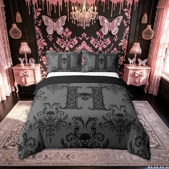 meiyoeat Gothic Skull Letter Duvet Cover Queen for Boys Girls, Boho Damask Flower Queen Bedding, Black Reversible, 3pcs, 1 Duvet Cover and 2 Pillowcases