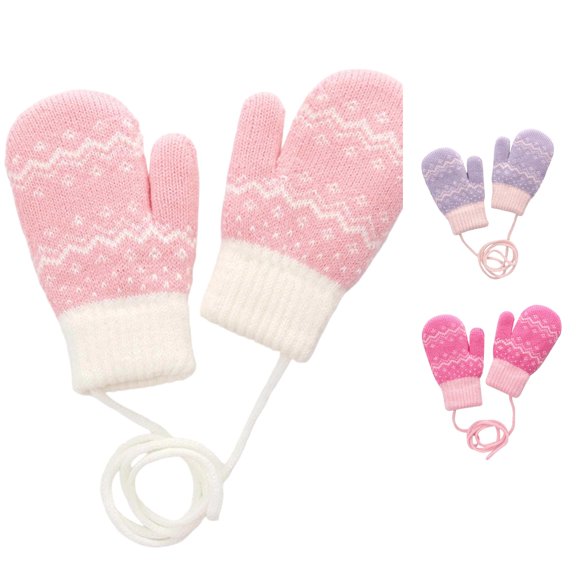 TBWNWG Winter Kids Mittens Knitted Thermal Lined Thick Cartoon Print Neck Lanyard Cold Weather Handwear for Children,2-6 Years