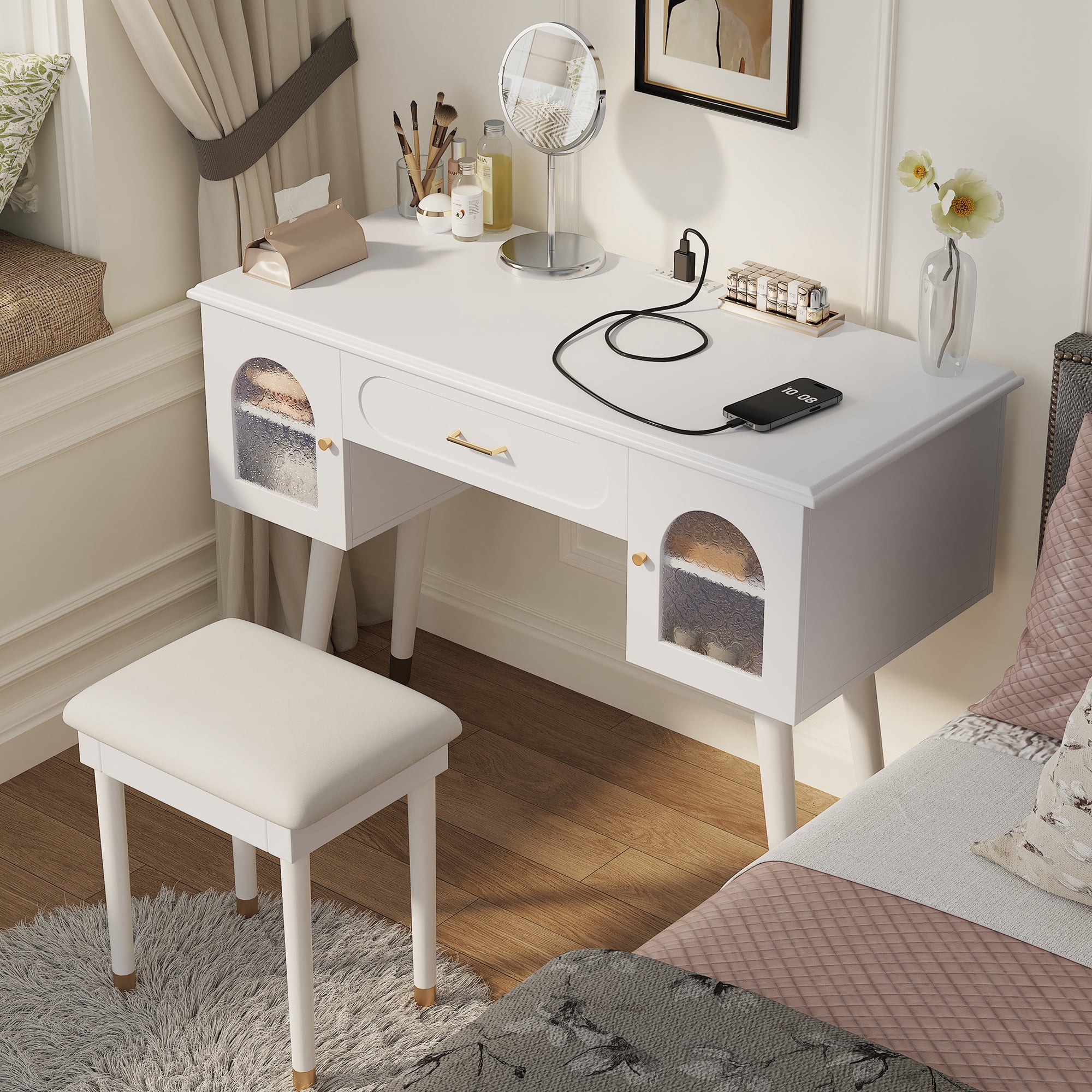 Makeup Vanity Table and Stool Set, Dressing Desk with Charging Station, Storage Cabinet, and Glass Door, Writing Desk with Outlets for Bedroom, White Finish