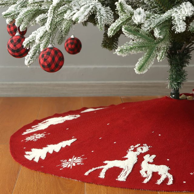 Falda de árbol de Navidad de punto, decoración rústica de lujo con cable tejido (rojo 3D, 48")