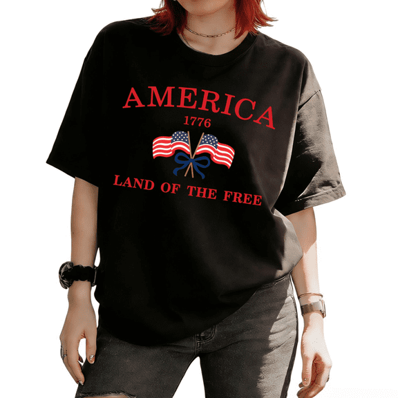Cozymy Women's America 1776 Land Of The Free Patriotic USA Flag Bow Graphic Soft Short Sleeve T-Shirt