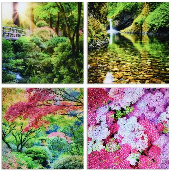 "Maples, Waterfalls & Yarrows" Frameless Free Floating Reverse Printed Tempered Glass Nature Scapes Wall Art