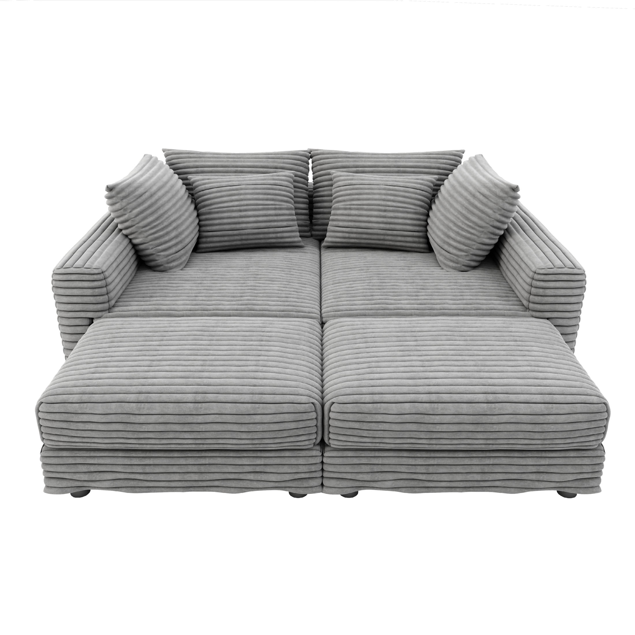 Noble House Nesta 4-Seat Plush Corduroy Cloud Sofa, Convertible Deep Seat Lounge Couch with 2 Ottomans & Soft Pillows, Grey