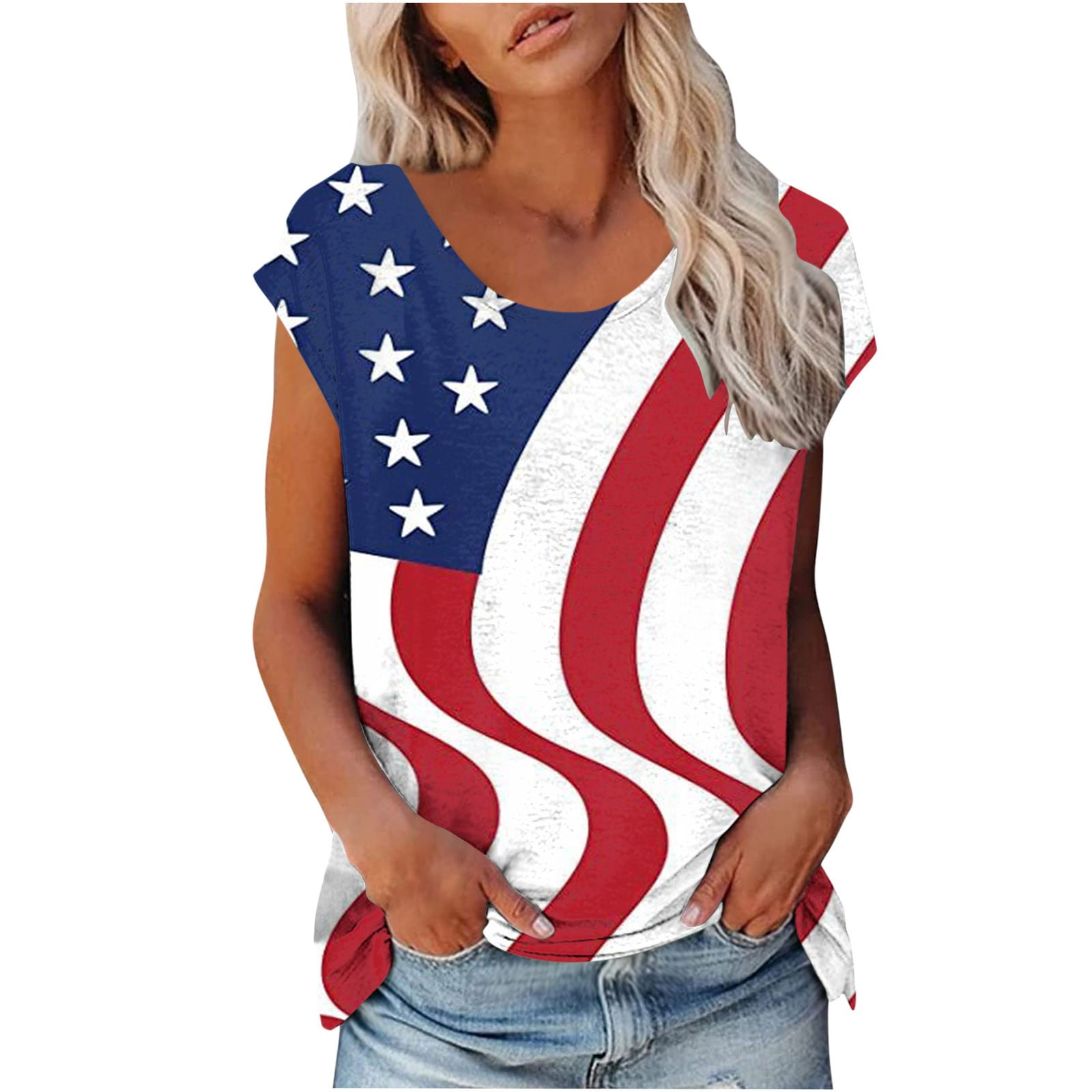SOOMLON Women US Independence Day July 4th Shirts Comfortable Independence Print Blouse Crew