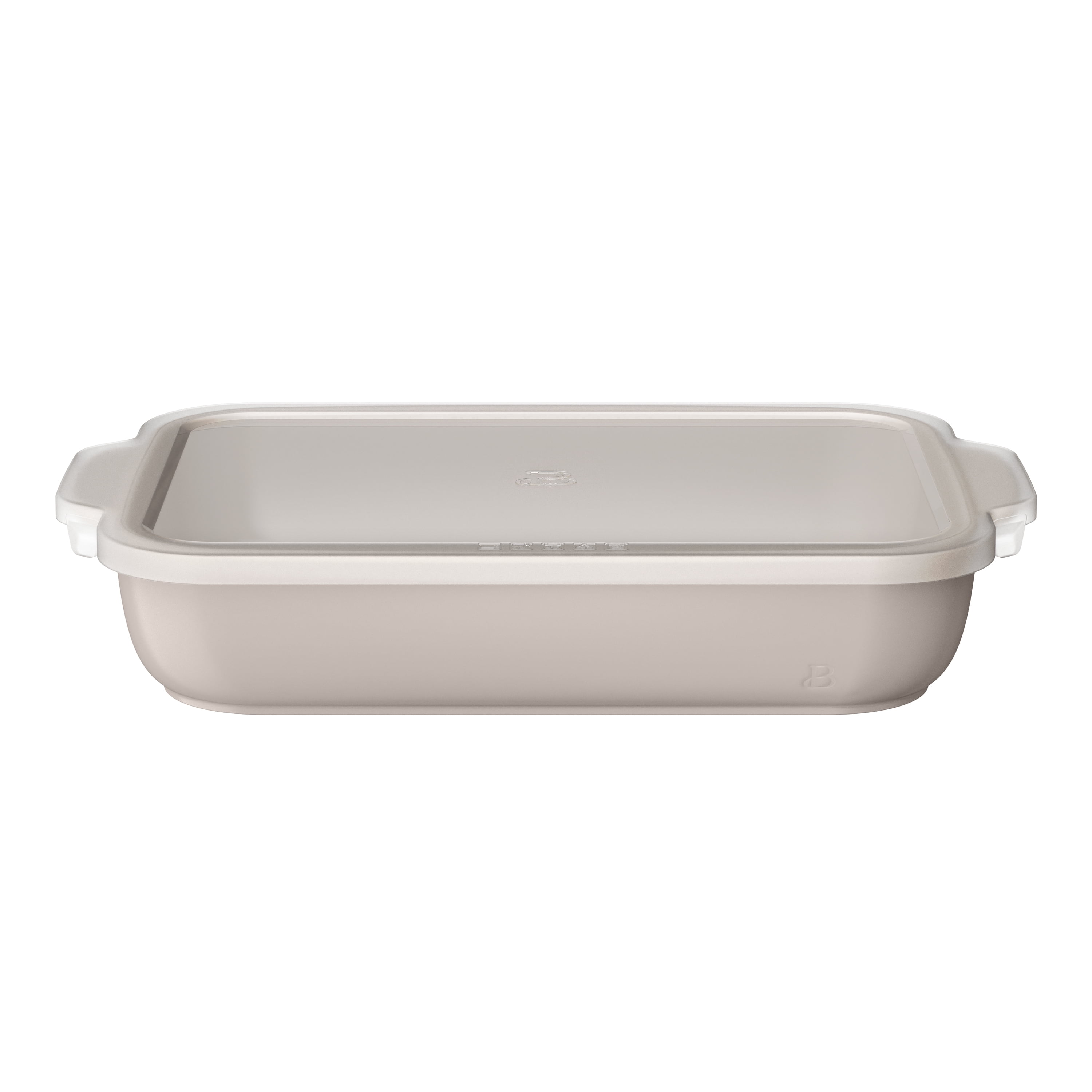 Beautiful 9”x 13” Stoneware Baker with Plastic Lid, Porcini Taupe by Drew Barrymore