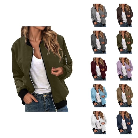 Bomber Jacket Women Lightweight Long Sleeve Loose Casual Zip Up Jackets with Pockets Fall Coat Outerwear