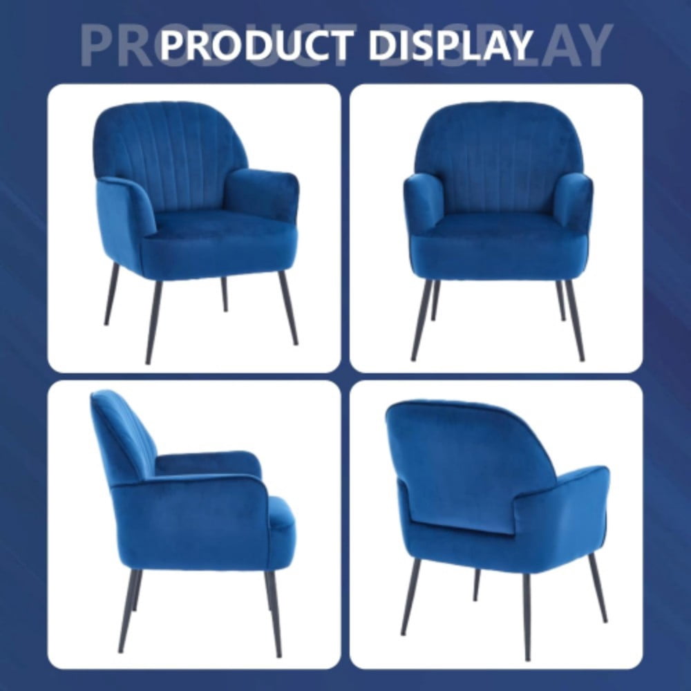 Velvet Accent Chair, Modern Upholstered Barrel Chair with Shell-Shaped Tufted Back, Padded Armrests, Metal Legs for Living Room, Bedroom & Office, Blue