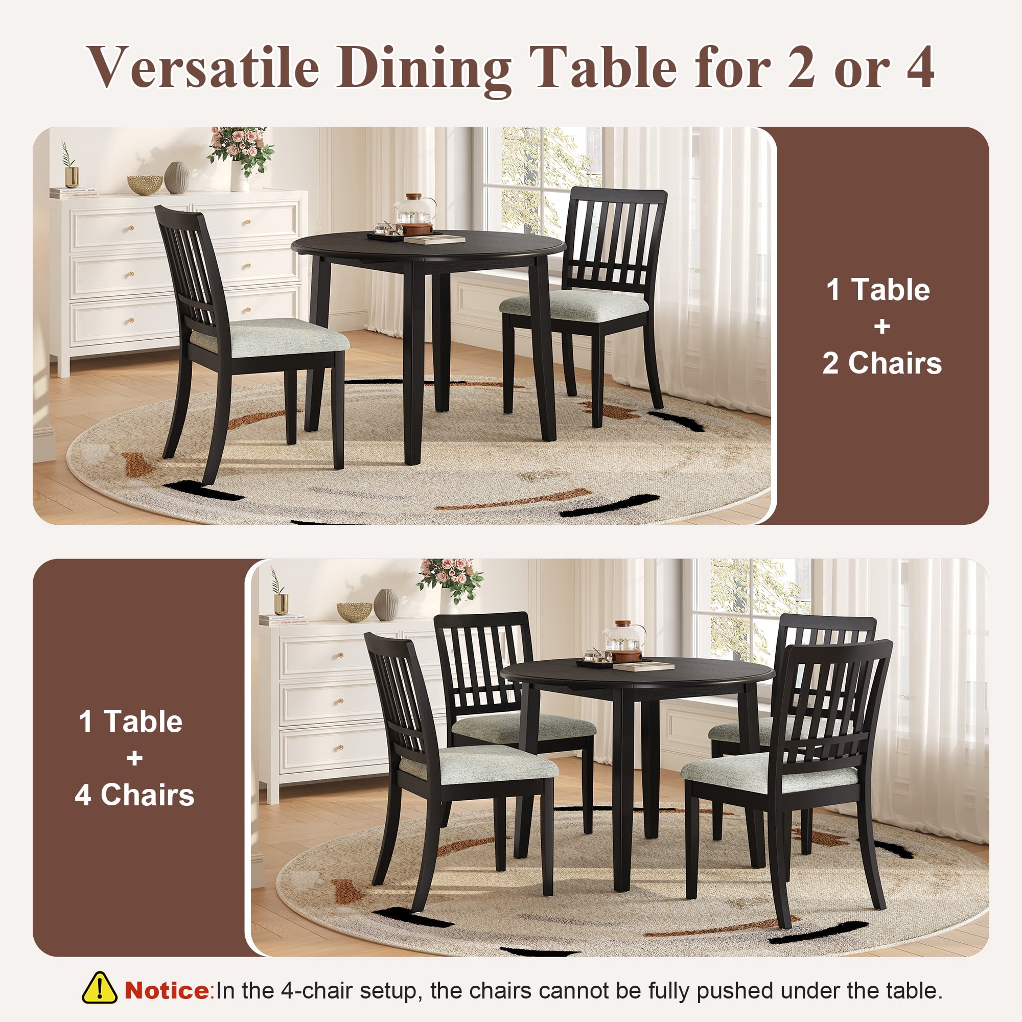 Euroco 5-Piece Round Dining Table Set for 4, Folding Wood Dining Table with 4 Upholstered Chairs, Farmhouse Kitchen Table Set for Small Space,Apartments,Black