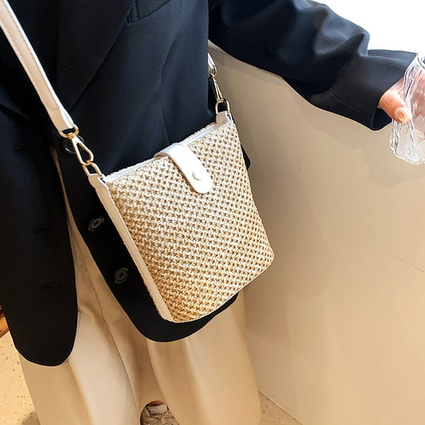 QWZNDZGR Summer Straw Bag Women's 2022 New Trend Fashion Shoulder Bag Bucket Bag Casual Woven Messenger Bag