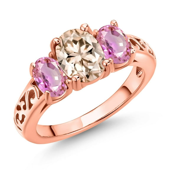 Gem Stone King 18K Rose Gold Plated Silver Peach Morganite and Pink Sapphire Filigree Style 3 Stone Ring for Women (2.20 Cttw, Oval 8X6MM and 6X4MM) (Size 6)