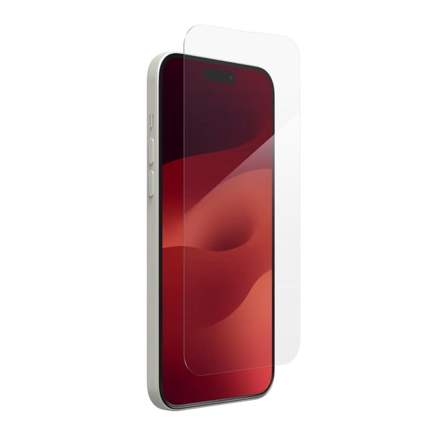 mica glass elite zagg ultra resistente para iphone 15 plus transparente protector de vidrio templado 6.7" en vista frontal angular, lámina transparente sobre un iPhone 15 Plus con recorte para cámara frontal; bordes reforzados visibles y superficie suave ClearPrint™ que reduce huellas; colocación precisa con bandeja EZ Apply®; a menudo usada para proteger pantallas durante viajes.