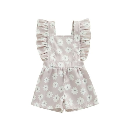 

Niceyoeuk Toddler Girls Overalls Flower Print Fly Sleeve Backless Shortall