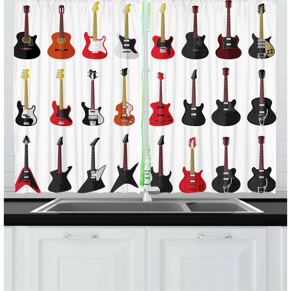 Guitar Curtains 2 Panels Set, Musical Instruments Set Pattern with