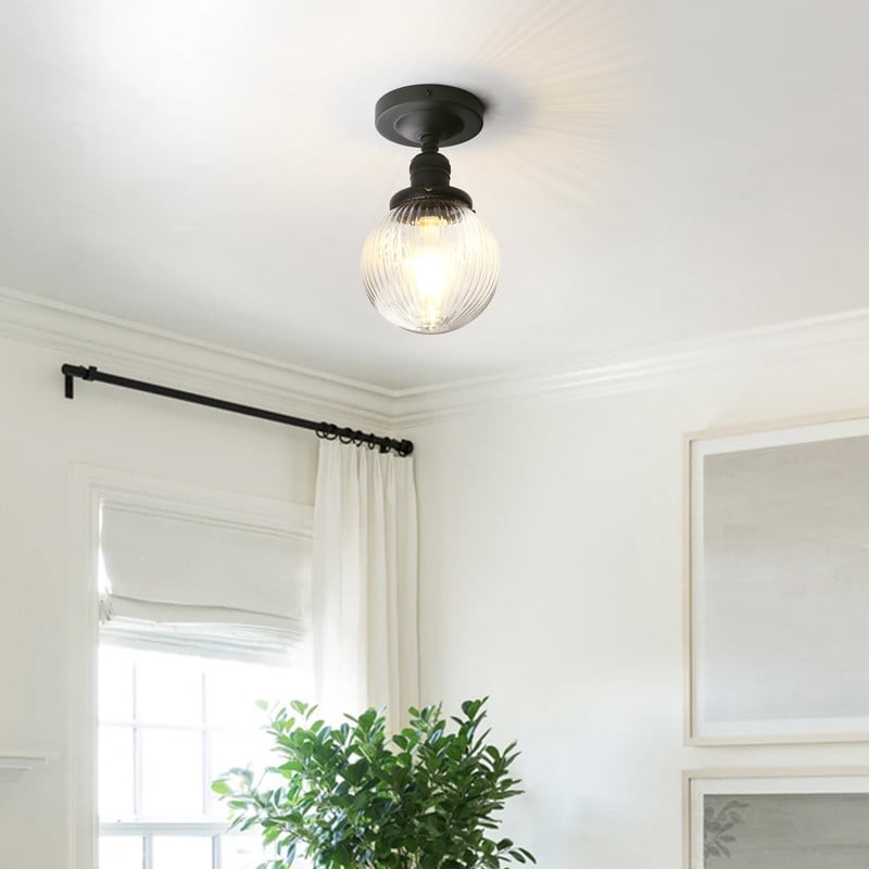 Pathson Modern Semi Flush Mount Ceiling Light Fixture with Striped Globe Glass Shade