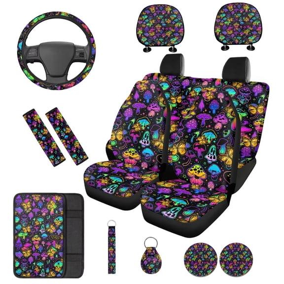 KUIFORTI Colorful Mushroom 14 Pcs Seat Covers for Car Auto Center Console Armrest Pad Steering Wheel Cover Wristlet Keychain Car Interior Automotive Fits Most Cars, Sedans, SUVs