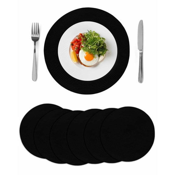 Black Round 15 Inch Placemats Set of 6, Solid Color Farmhouse Black HeatResistant Non Slip Place Mats for Dining Table, Wipeable Braided Kitchen Table Mats for Housewarming