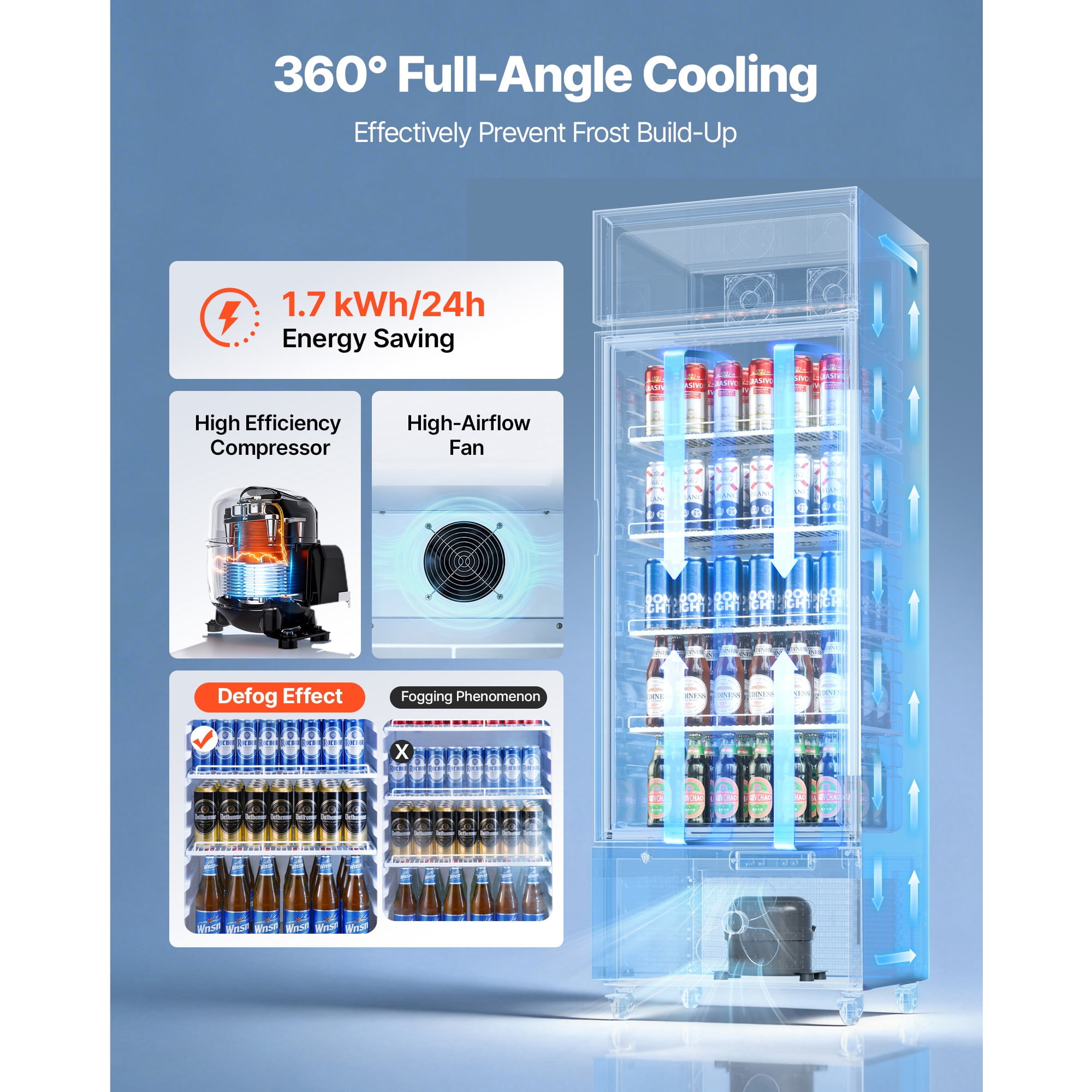 KFFKFF Commercial Glass Door Refrigerator, 9.6 Cu.Ft / 273 L Upright Beverage Cooler with Adjustable Shelves, LED Lighting, and Customizable Lightbox for Home or Business Use