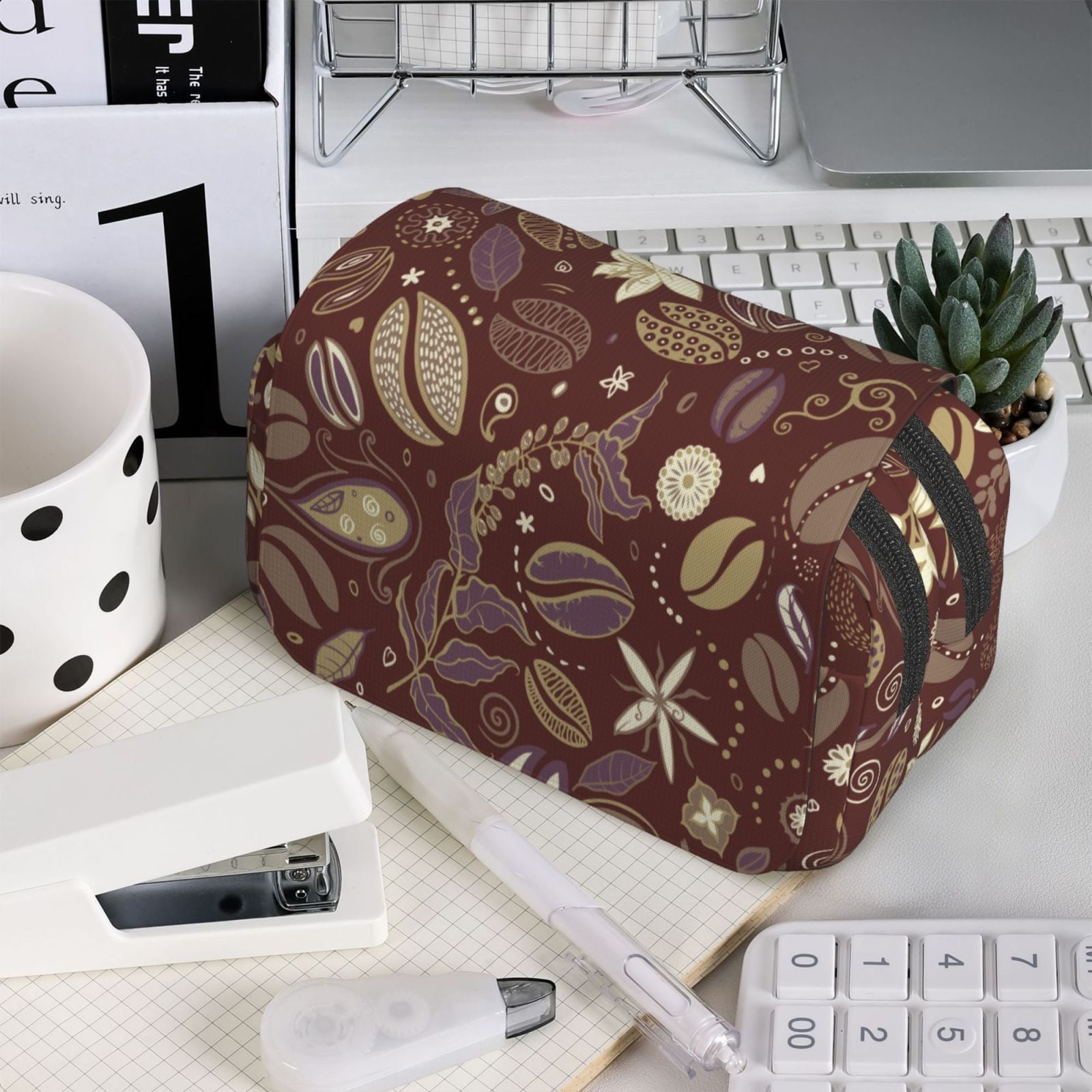 Rateoe Coffee and Flowers Pattern Double Clamshell Pen Case, Storage Organizer with Two Zipper Compartments– Holds Up to 50 Pencils & Pens