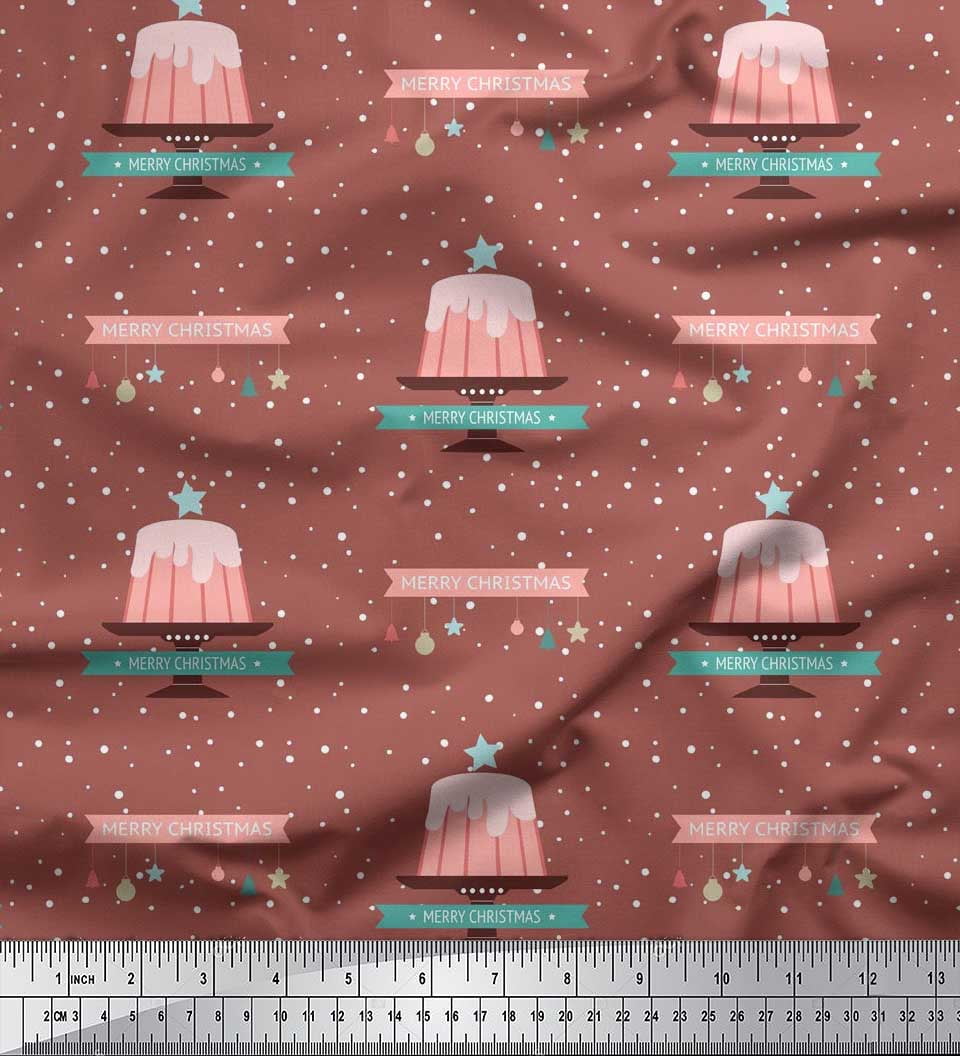 Soimoi Brown Rayon Fabric Cake & Ornaments Christmas Print Sewing Fabric Yard 56 Inch Wide