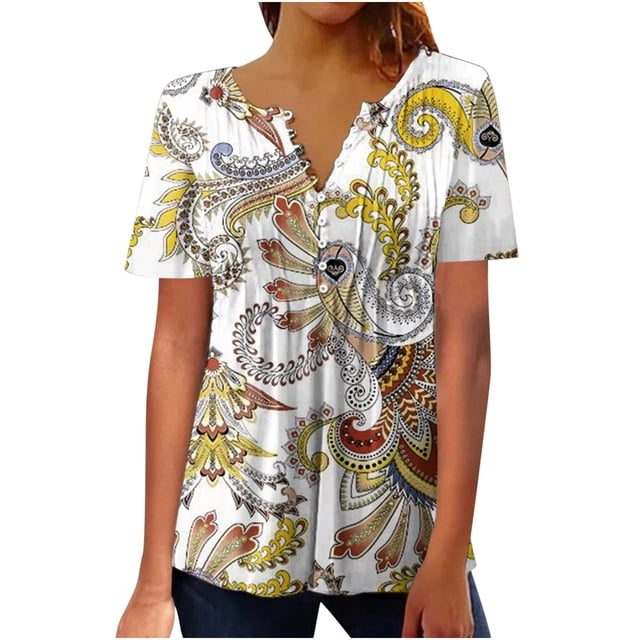 Hauts d'Été pour Femmes Aguichant Femmes Été Aguichant Plissé Imprimé Régulier Femmes Manches Courtes Col en V Boutons Hauts Blouse Femmes Manches Courtes Blouses Aguichant Hauts d'Été pour Femmes