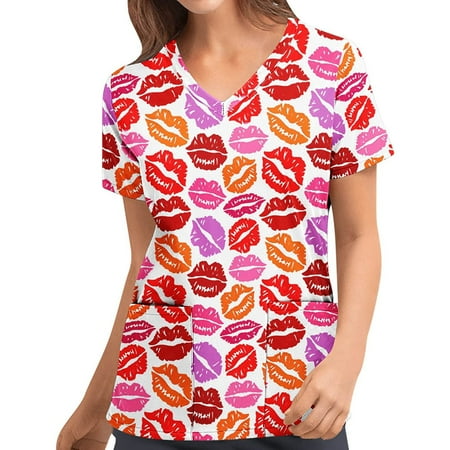 

Moocorvic Women s Short Sleeve V-Neck Tops Workwear T-Shirt Valentine s Day Print Cute Scrub Top Working Uniform Blouse with Pockets