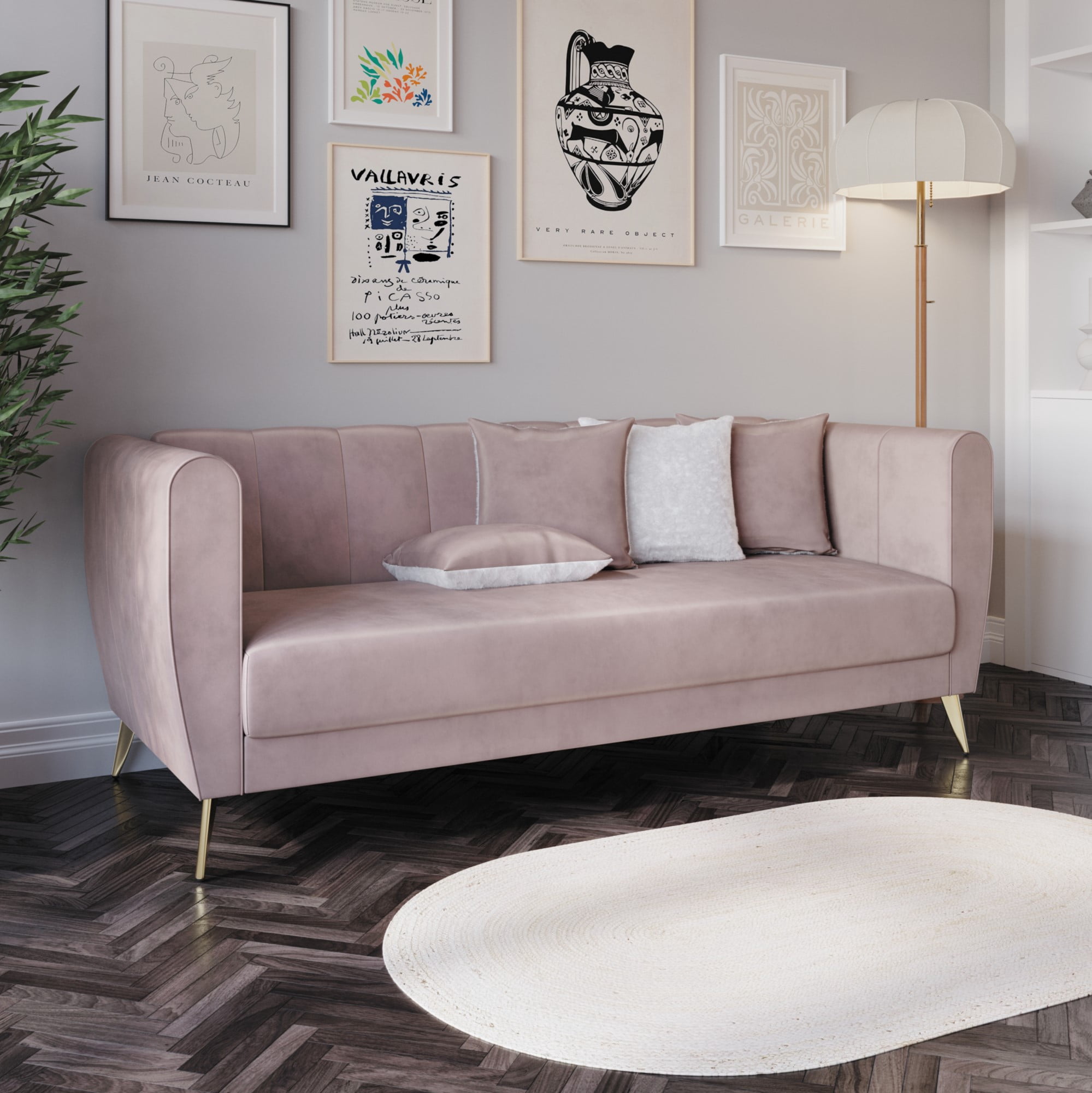 Home Design Scarlett Velvet Flared Arm 3-Seater Sofa with 4 Throw Pillows, Vertical Channel Tufting and Metal Legs, Modern Luxury, Pink