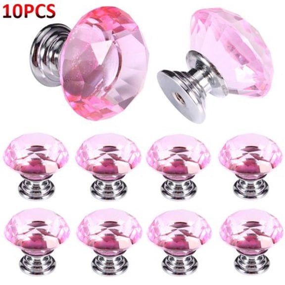 WALFRONT 10PCS Crystal Glass Cabinet Knobs 30mm Diamond Shape Drawer Kitchen Cabinets Wardrobe Dresser Door Cupboard Pulls Handles Pink
