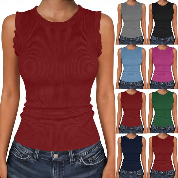 Asxite Tank Tops for Women Sleeveless Solid Color Round Neck Ruffle Ribbed Knit Casual Blouse