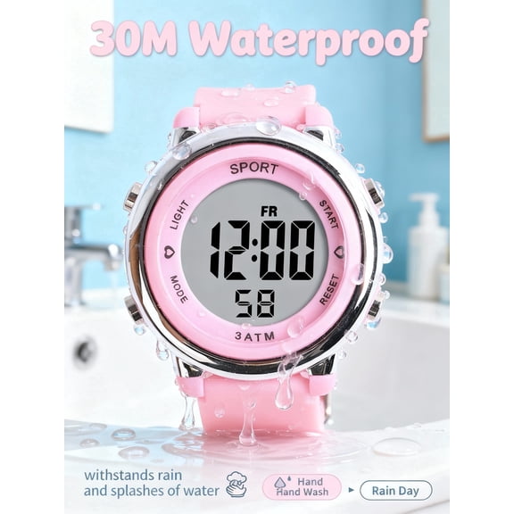 Kids Digital Watch for Girls - 30M Waterproof Sport Watch with 7-Color Night Light, Stopwatch & Alarm, Pink Wristwatch for Kids Ages 3-12