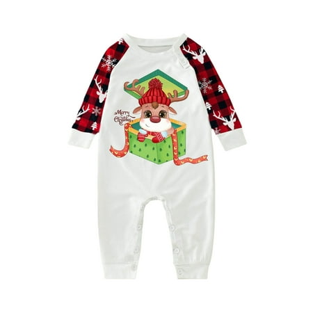 

Family Matching Christmas Pajamas Long Sleeve Cute Cartoon Deer Gift Box Print Tops + Plaid Pants Set/ Baby Jumpsuit Sleepwear