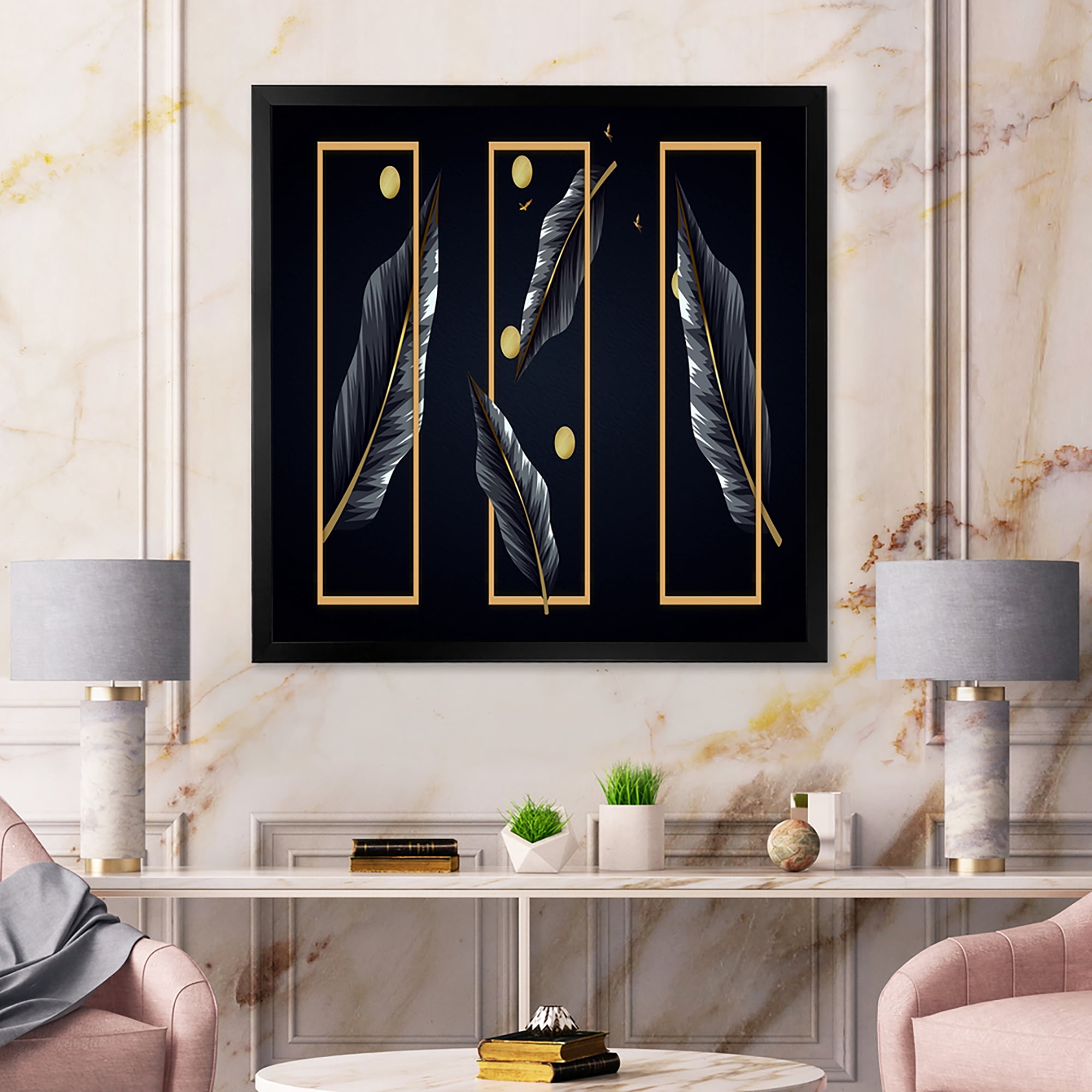 Designart 'Black Tropical Leaves Under Golden Rectangles' Modern Framed Art Print