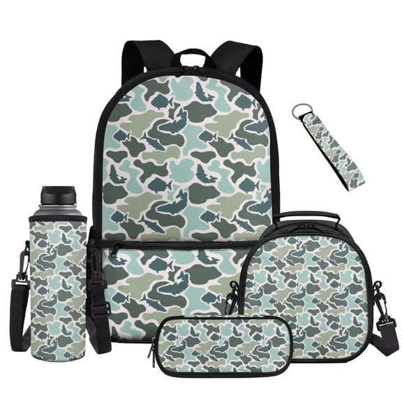 HUISEFOR Camo Fish School Backpack Set,5 Pcs 17 Inch Durable Large Capacity Backpack with Lunch Bag,Pencil Case,Water Bottle Holder for Elementary Boys Girls