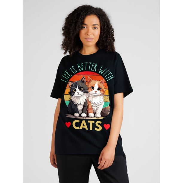 Camiseta "La vida es mejor con gatos" para el Día de la Madre, San Valentín, para amantes de los gatos, camiseta deportiva de ocio.